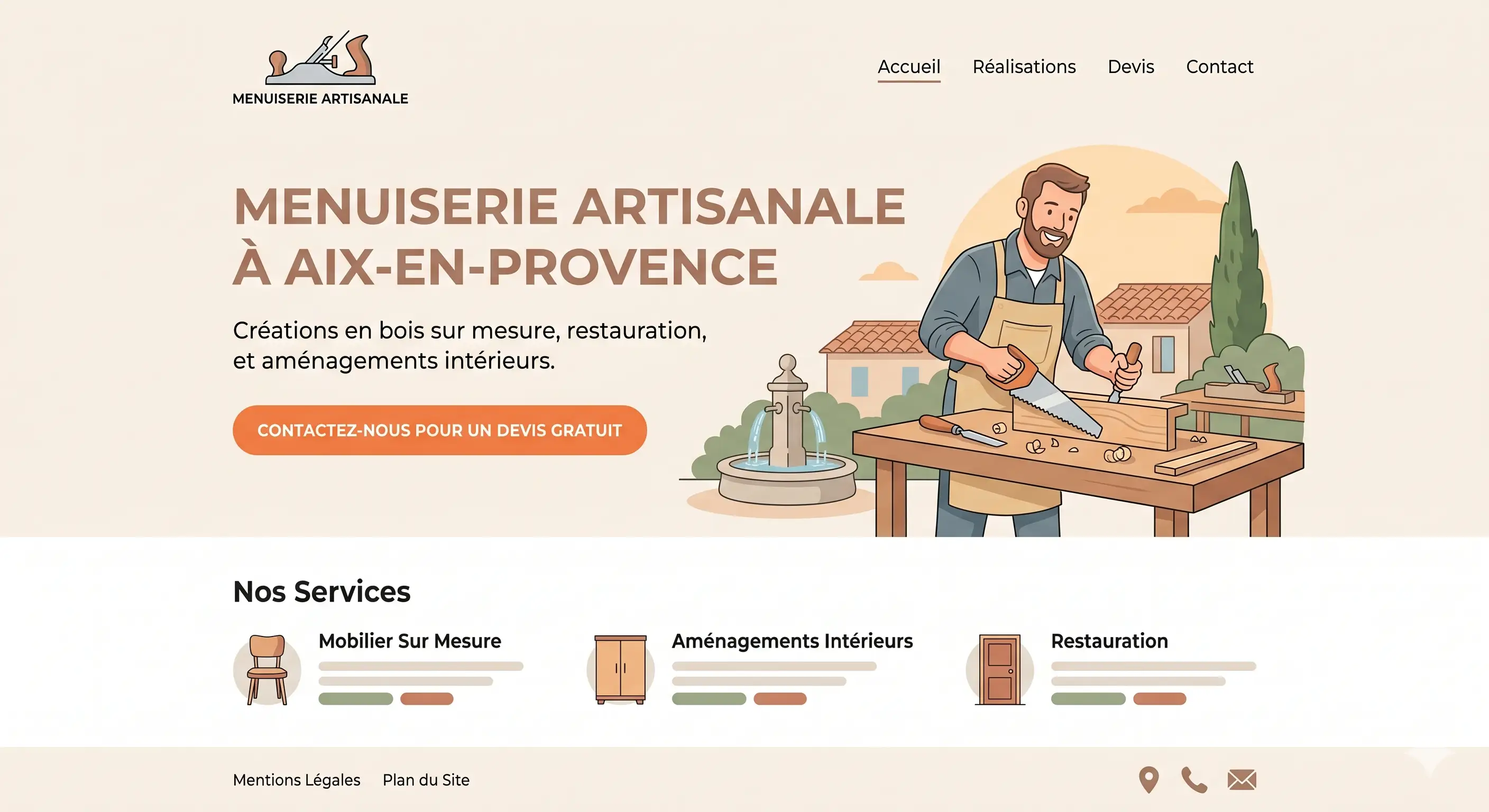 Maquette d'une page d'accueil de site internet pour un menuisier à Aix-en-Provence, avec titre, bouton de contact et photo de l'artisan au travail — exemple de site vitrine artisan optimisé