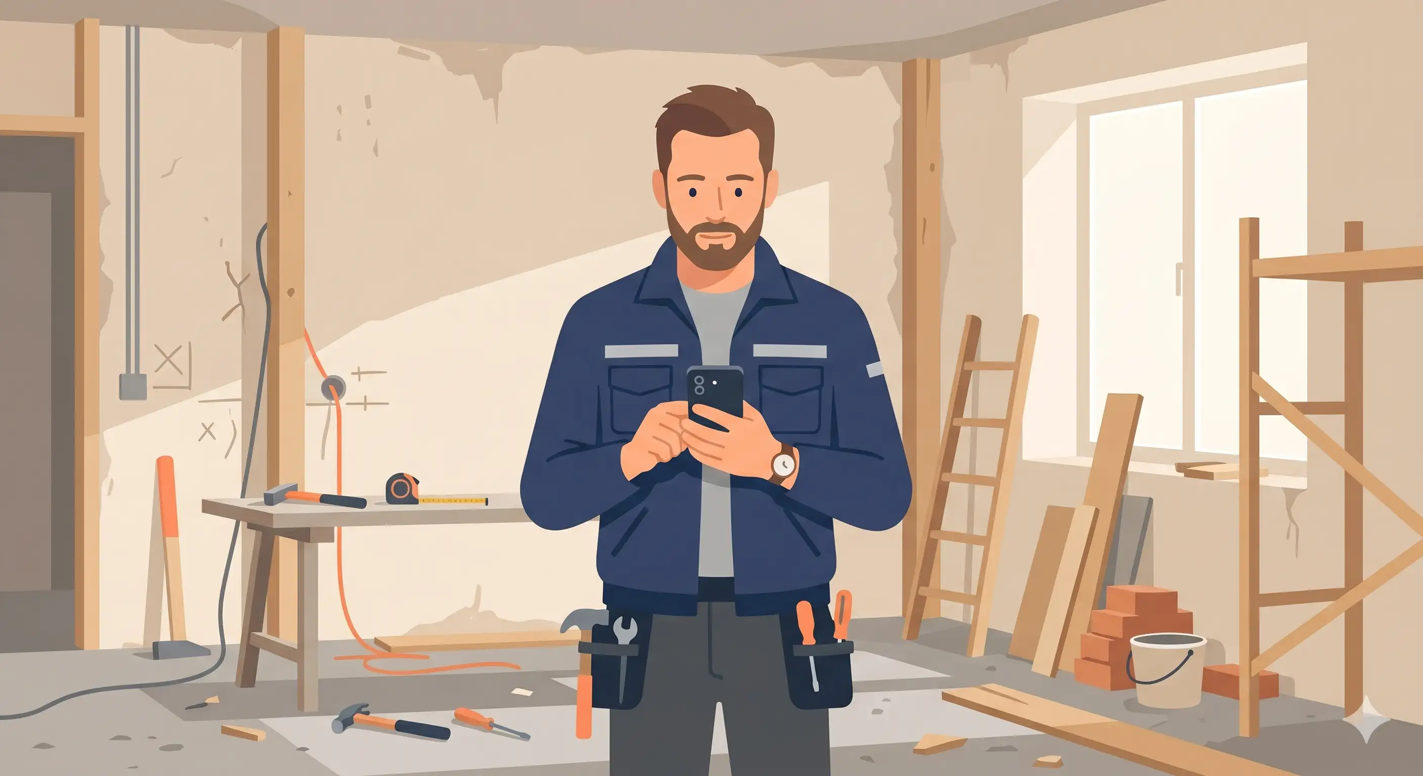 Artisan BTP consultant son smartphone en chantier de rénovation